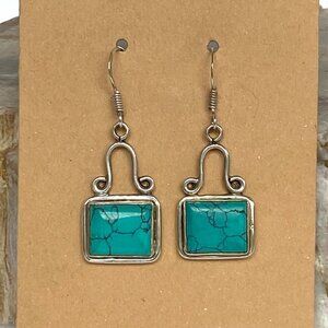 Sterling Silver 925 1.64" Rectangular Bezel Set Faux Turquoise Dangle Earrings